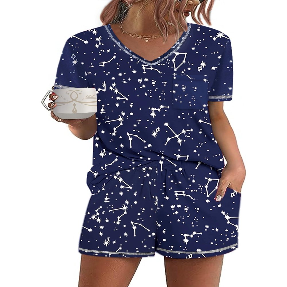 Ekouaer Women's Pajamas Sets Short Sleeve Lounge Sets Sleepwear Casual Two Piece Pjs With Pockets Star Print Medium
