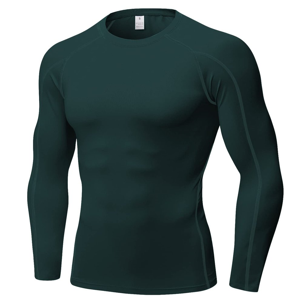 Dark Green Men's Compression Shirt Long Sleeve Athletic Workout T-Shirts Top Active Sport Baselayer Undershirt Cool Dry