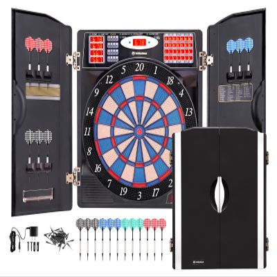WIN.MAX Electronic Dart Board Cabinet Set, LED Electric Digital Soft Tip Dart Boards for Adults with Cabinet, up to 16 Players, 38 Games and 211 Variations with 12 Soft Tip Dartboard Set (Silver)