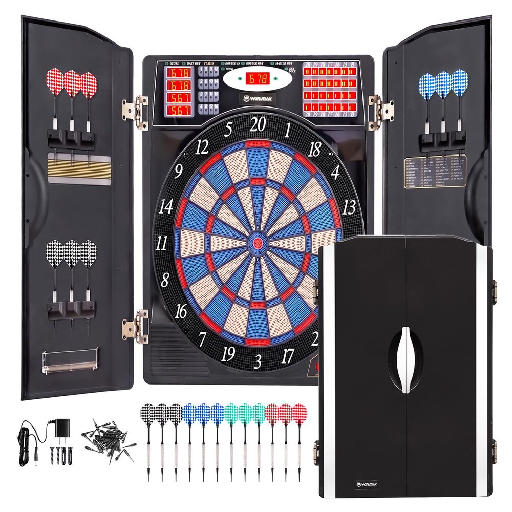 WIN.MAX Electronic Dart Board Cabinet Set, LED Electric Digital Soft Tip Dart Boards for Adults with Cabinet, up to 16 Players, 38 Games and 211 Variations with 12 Soft Tip Dartboard Set (Silver)
