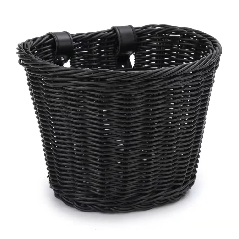 Bike Basket, Front Handlebar Storage Basket with Adjustable Leather Straps, Bicycle Accessories, Hand Woven, Waterproof (Black(10 * 7.5 * 7 in))