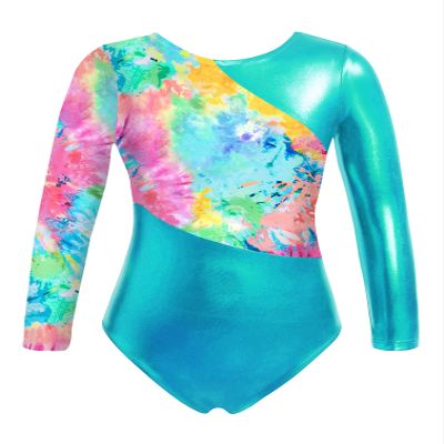 Fldy Kids Girls Shiny Metallic Gymnastics Leotards Long Sleeves Sparkly Ballet Dance Costumes One Piece Bodysuit Dancewear Colorful Tie Dye 6 Years