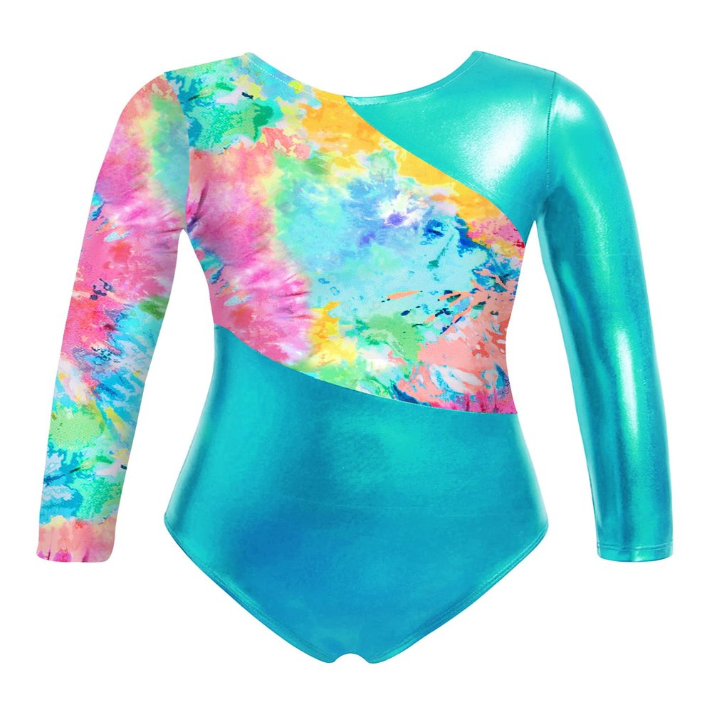 Fldy Kids Girls Shiny Metallic Gymnastics Leotards Long Sleeves Sparkly Ballet Dance Costumes One Piece Bodysuit Dancewear Colorful Tie Dye 6 Years