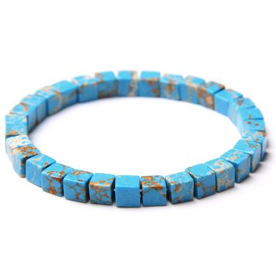 6MM Square Beads Bracelets for Women Men Cube Imperial Jaspers Stone Bangle Handmade Elastic Rope Blue Turquois Bracelet Jewelry,Blue,17cm