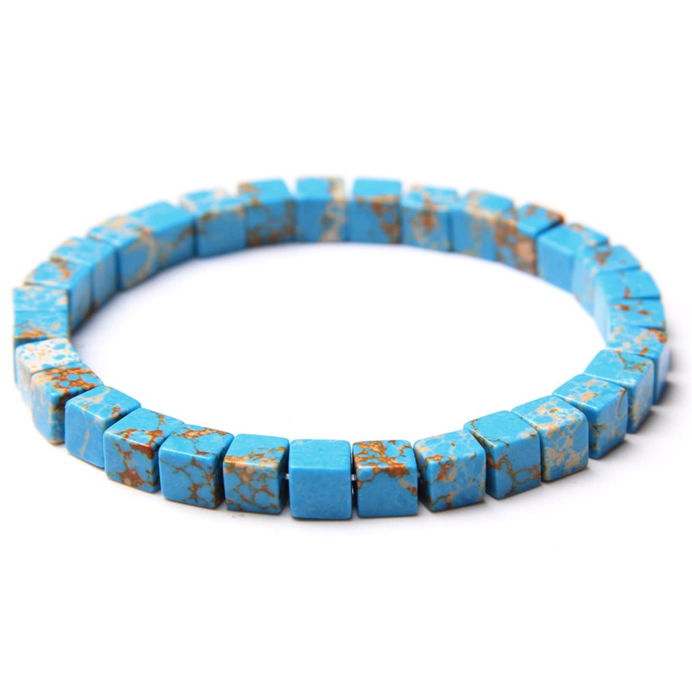 6MM Square Beads Bracelets for Women Men Cube Imperial Jaspers Stone Bangle Handmade Elastic Rope Blue Turquois Bracelet Jewelry,Blue,17cm