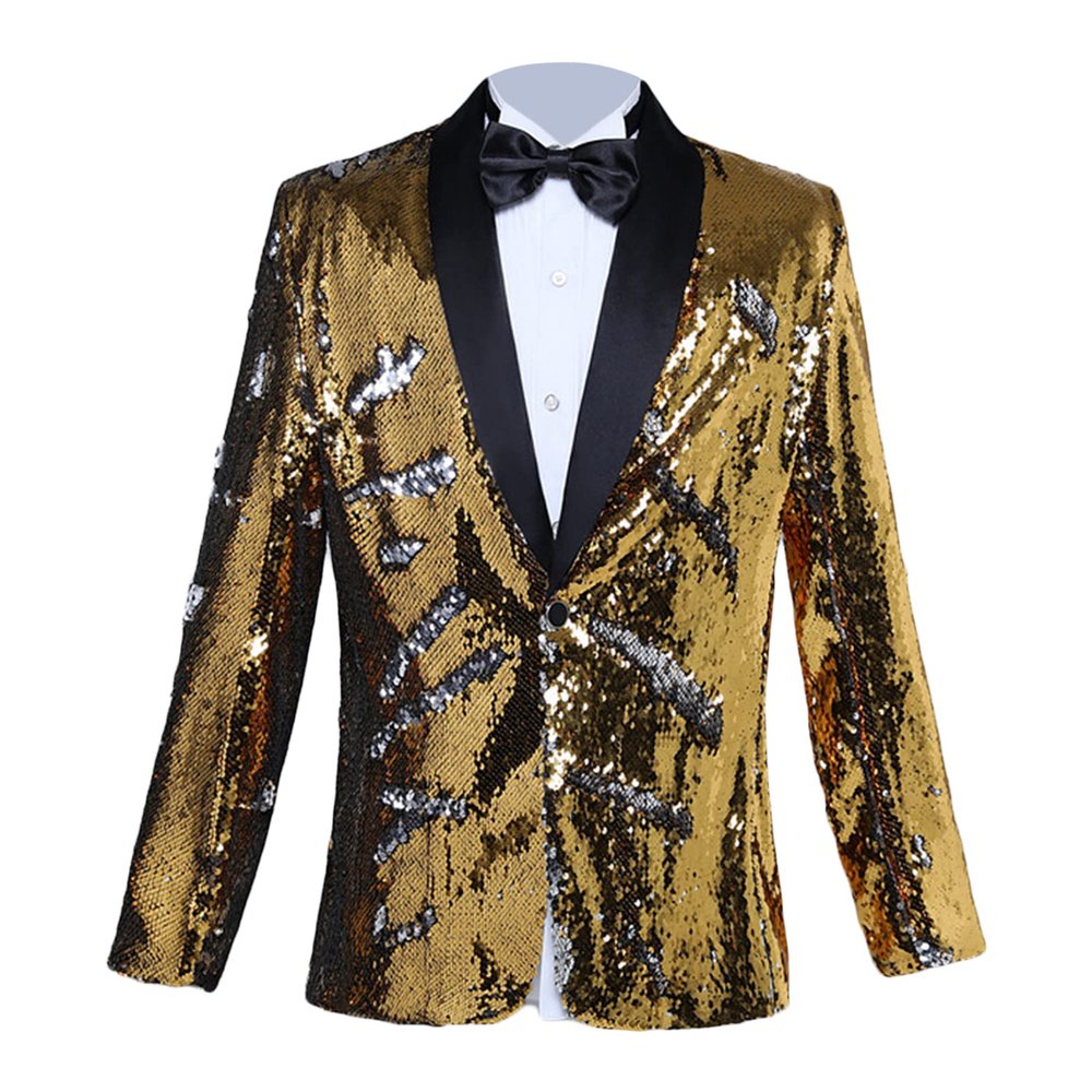 Men's Shiny Sequins Suit Jacket Sequin Wedding Nightclub Tuxedo Sport Coat Slim One Button Festival Party Blazer (Golden,3X-Large)