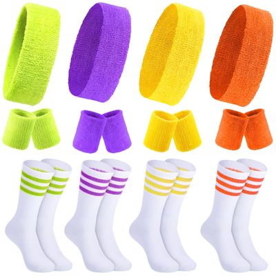 Hillban Sweatband and Stripe Sock Set Neno Wrist Sweat Band Sport Headband Wristband for Men Women 80s Party Accessories(4 Set,Neon Color)