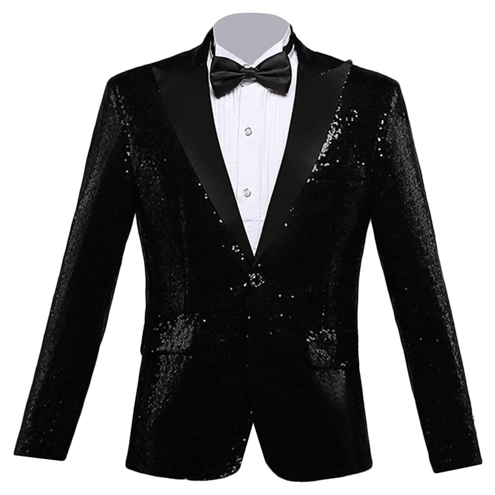 Men's Shiny Sequins Suit Blazer One Button Sequin Festival Party Tuxedo Slim Fit Banquet Prom Wedding Sport Coat (Black,X-Large)