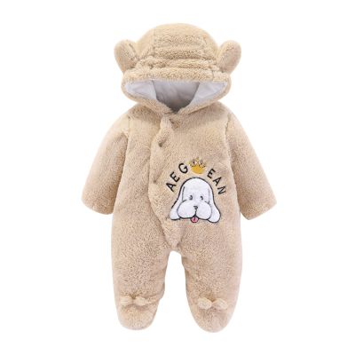 Newborn Baby Snowsuit Fleece Lined Onesie Jumpsuit Warm Hooded Romper Outfits Coat for Infant Winter (Khaki, 3-6 Months)
