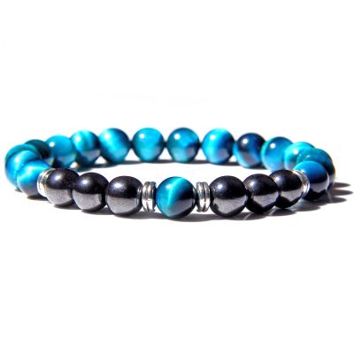 Natural Chakra Tiger Eye Stone Beads Bracelets Handmade Elastic Jewelry Unisex Bracelet Silver Color Spacer Charm Pulsera Couple,Blue Tiger Eye,19cm