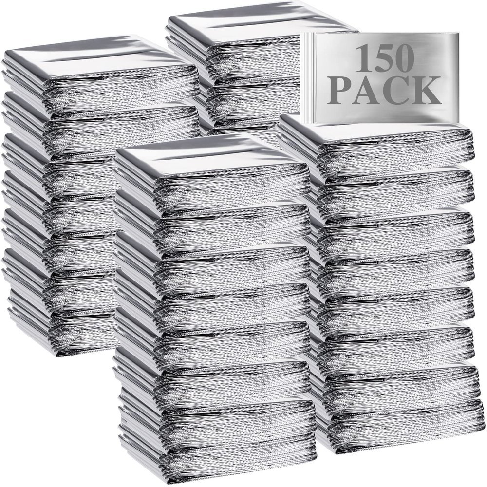 Macarrie 150 Pieces Emergency Blanket Bulk - Survival Thermal Silver Foil Reflective Blankets Set Pack for Outdoors Shelter Space, Camping, Hiking, First Aid Supplies, Homeless Donations
