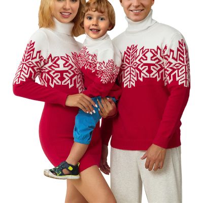 Matching Family Christmas Sweaters Turtleneck Reindeer Snowflakes Ugly Knit Sweater Pullovers for Holiday Party (Red White Dad, XL)