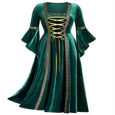 ACSUSS Women Renaissance Velvet Dress Victorian Medieval Long Dress Retro Gown Halloween Cosplay Costume Green Small
