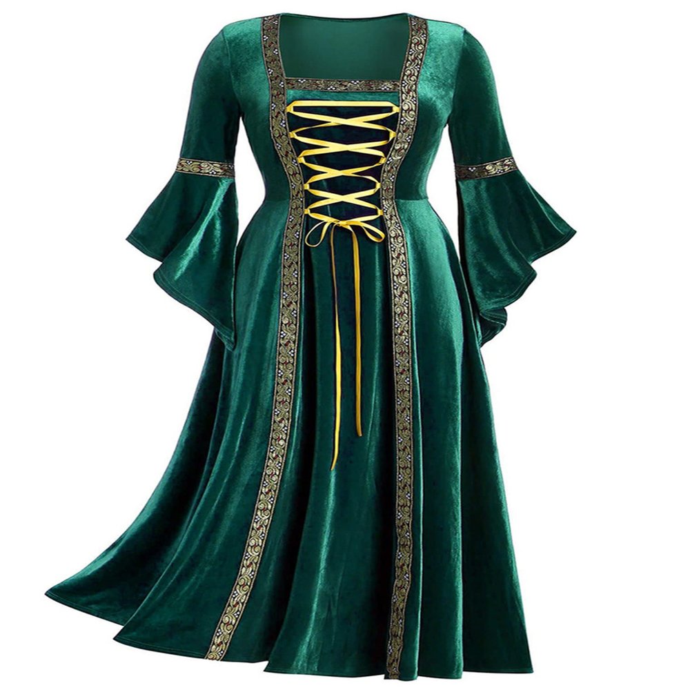ACSUSS Women Renaissance Velvet Dress Victorian Medieval Long Dress Retro Gown Halloween Cosplay Costume Green Small