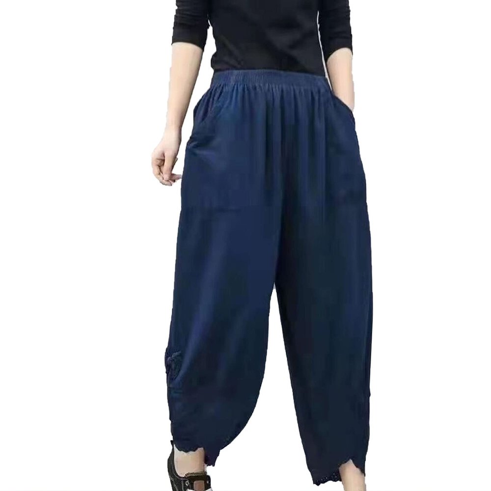 DGHM-JLMY Ladies Linen Casual Loose Personality Harem Pants Baggy Wide Leg Elastic Waist Pants Cotton Capri Pants Patchwork (Dark Blue,Medium,5,OZ)