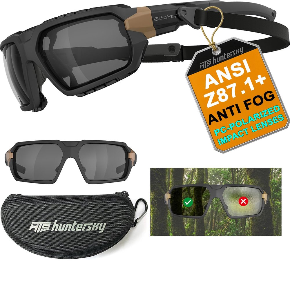 HTS HUNTERSKY Q37 Polarized Safety Sunglasses with Headband for Men Anti Fog ANSI Z87.1+ Protective Eyewear Foam Padded Motorcycle Riding Hunting Shooting Airsoft ATV Dustproof Windproof