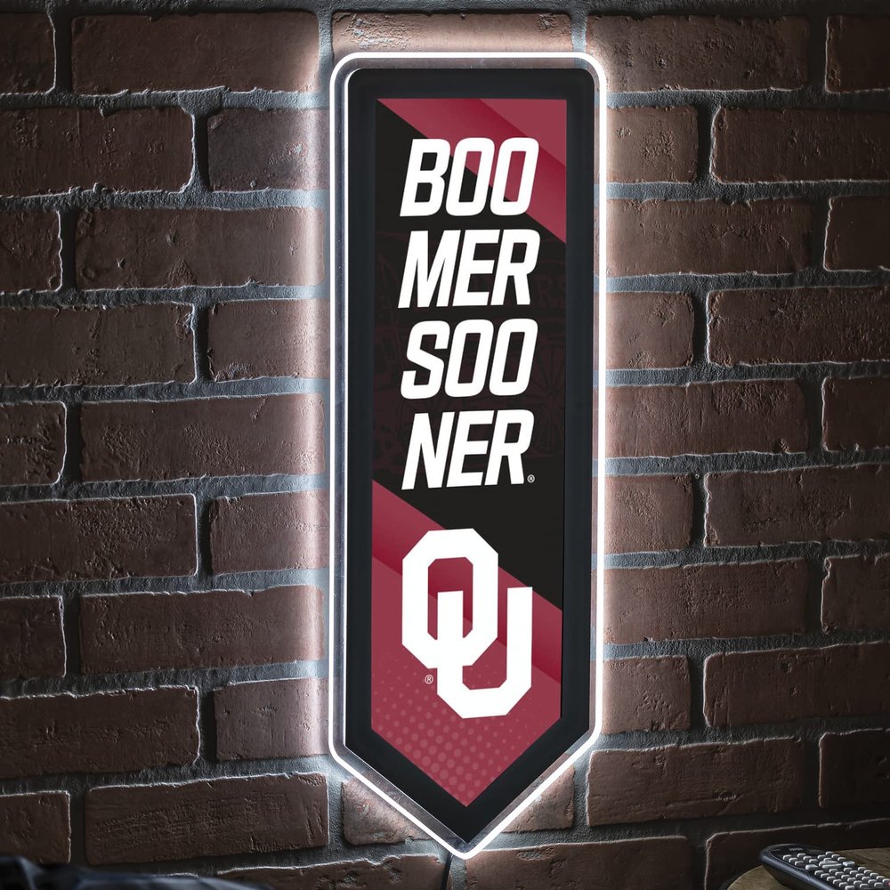 Team Sports America Evergreen NCAA University of Oklahoma | Ultra-Thin LED Light Wall Sign Decor | Large Pennant Banner | 9 x 23 Inches | Made in the USA