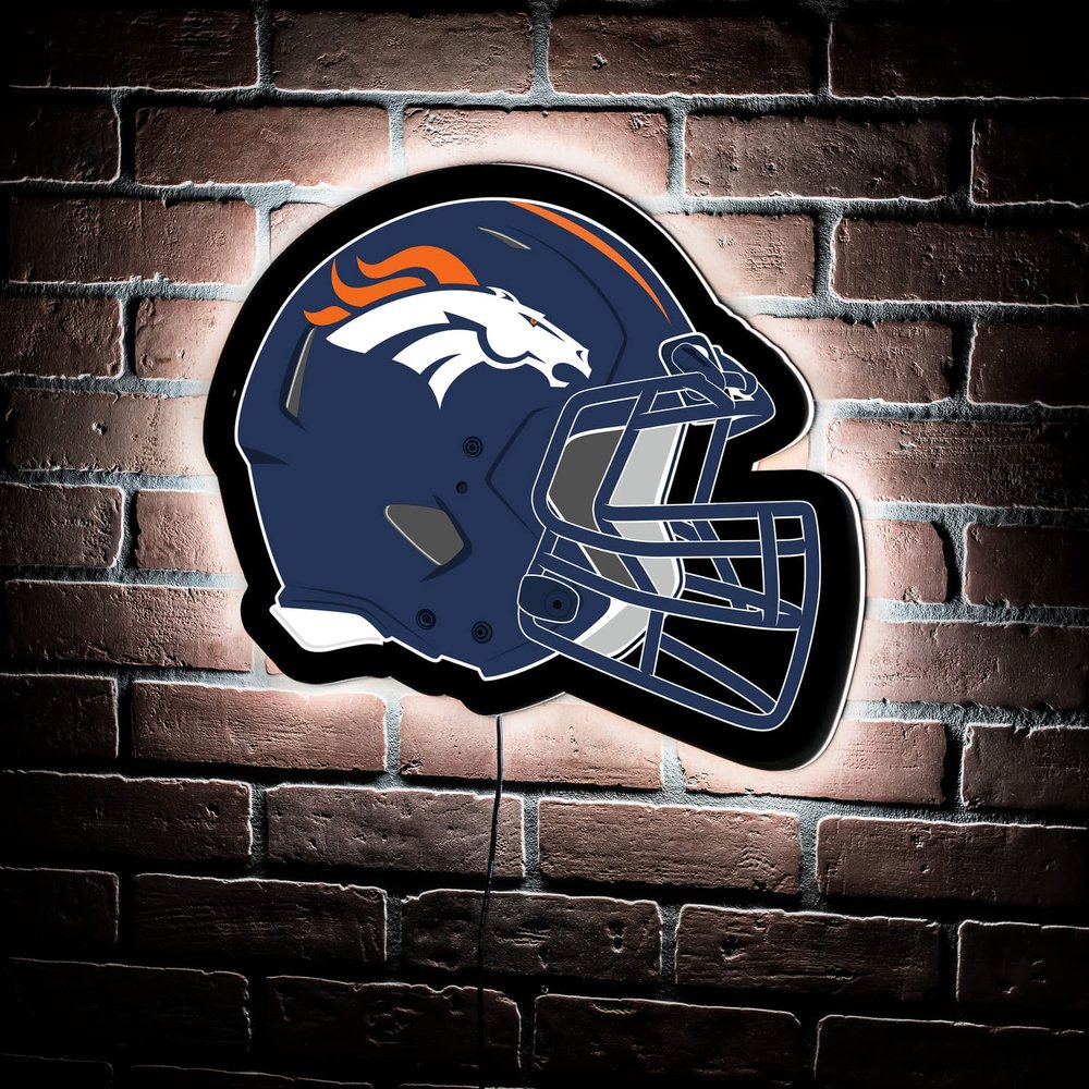 Team Sports America Evergreen NFL Denver Broncos Ultra-Thin LED Light Wall Sign Decor | Full Size Replica Helmet | 19.5 x 15 Inches | Made in the USA