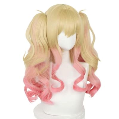 TO KU TOO YUO Anime Cosplay Wig Golden Gradient Pink Long Double Ponytail Curly Hair Wig Halloween Party Fiber Synthetic Wigs + Wig Cap
