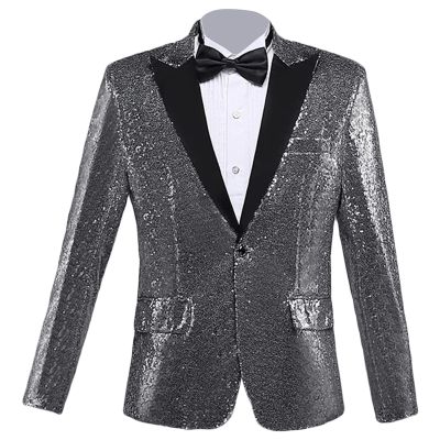 Men's Shiny Sequins Suit Blazer One Button Sequin Festival Party Tuxedo Slim Fit Banquet Prom Wedding Sport Coat (Silver,Medium)