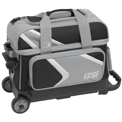 BSI Dash Double Roller Bowling Bag with Smooth Rolling Wheels, Padded Ball Compartment, Retractable Locking Handle, & Shoe Pocket, Black/Gray/White