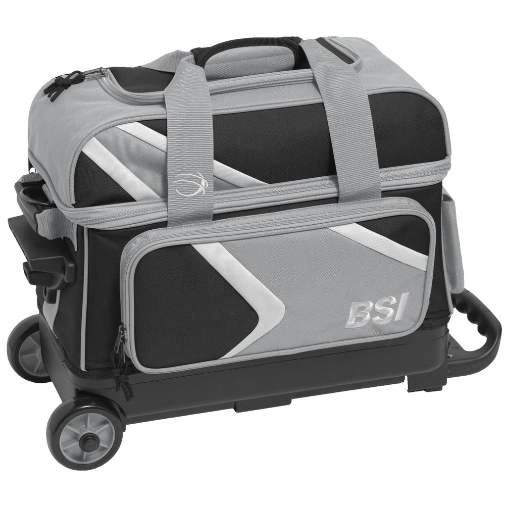 BSI Dash Double Roller Bowling Bag with Smooth Rolling Wheels, Padded Ball Compartment, Retractable Locking Handle, & Shoe Pocket, Black/Gray/White