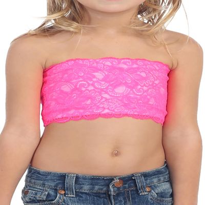 Kurve Girls Lace Bandeau Tube Bra - Strapless Bandeau Bra,UV Protective Fabric UPF50+, Neon Fuschia-Lace, Age (14-18)