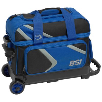 BSI Dash Double Roller Bowling Bag with Smooth Rolling Wheels, Padded Ball Compartment, Retractable Locking Handle, & Shoe Pocket, Black/Blue/Gray
