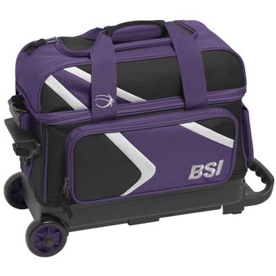 BSI Dash Double Roller Bowling Bag with Smooth Rolling Wheels, Padded Ball Compartment, Retractable Locking Handle, & Shoe Pocket, Black/Purple/White