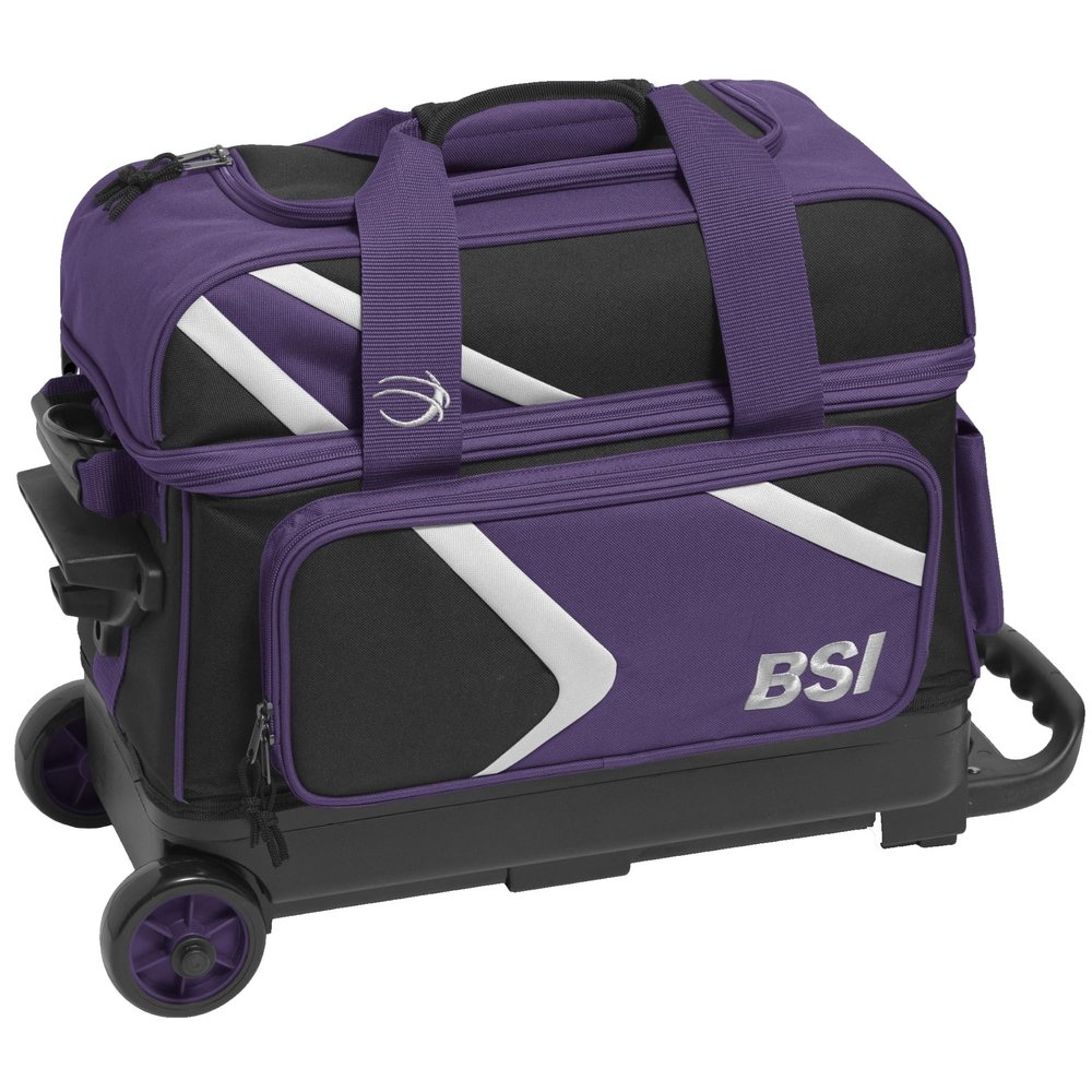 BSI Dash Double Roller Bowling Bag with Smooth Rolling Wheels, Padded Ball Compartment, Retractable Locking Handle, & Shoe Pocket, Black/Purple/White