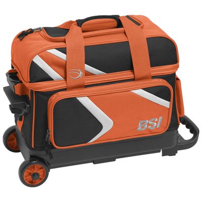 BSI Dash Double Roller Bowling Bag with Smooth Rolling Wheels, Padded Ball Compartment, Retractable Locking Handle, & Shoe Pocket, Black/Orange/White