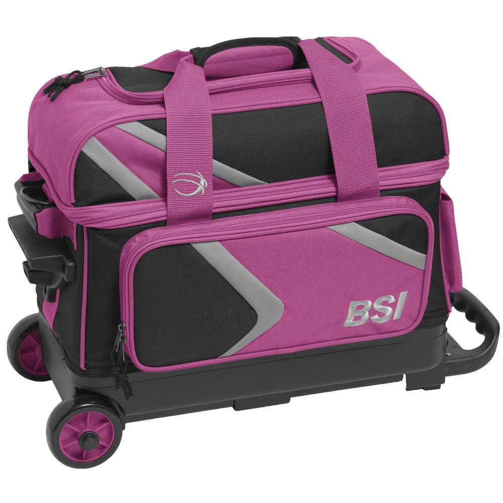 BSI Dash Double Roller Bowling Bag with Smooth Rolling Wheels, Padded Ball Compartment, Retractable Locking Handle, & Shoe Pocket, Black/Pink/Gray