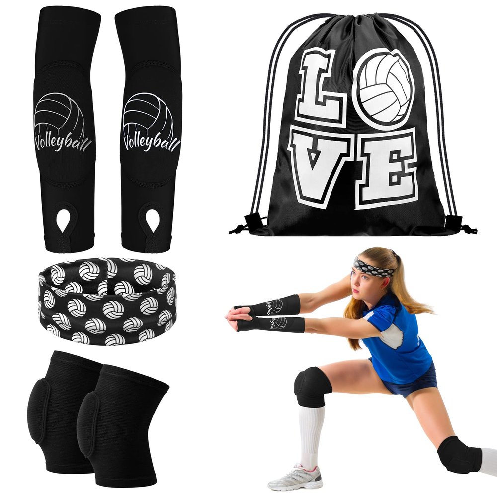 Yinder 4 Pcs Volleyball Knee Pad and Arm Sleeve Volleyball Accessories Stuff Forearm Elbow Sleeve Wrist Guard with Protection Pad and Thumb Hole for Women Men Adult(Small,Black)