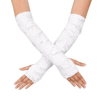 Aiphamy Womens Long Torn Ripped Goth Gloves Cosplay Fingerless Gloves Mittens for Halloween Costumn Party (White)