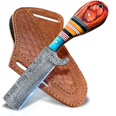 WARLOCKS CLUB Handmade Damascus Hunting Knife, 8" Fixed Blade Knife with Sheath, Full Tang Cowboy Knife, Skinning Knife, EDC Bull Cutter Knife for Outdoor Camping