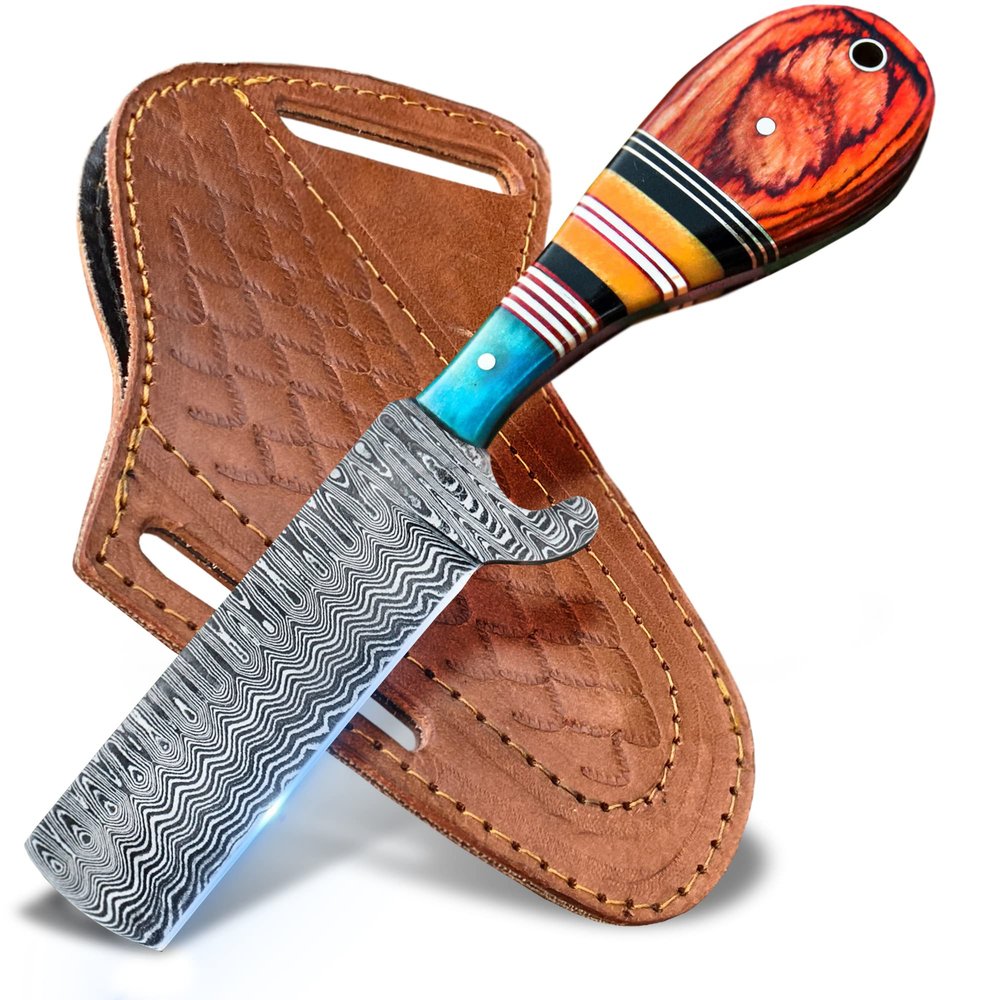 WARLOCKS CLUB Handmade Damascus Hunting Knife, 8" Fixed Blade Knife with Sheath, Full Tang Cowboy Knife, Skinning Knife, EDC Bull Cutter Knife for Outdoor Camping