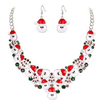 BriLove Santa Claus Christmas Element Party Costume Statement Bib Necklace Hook Earrings Jewelry Set Xmas Gift for Women Ruby Color Silver-Tone