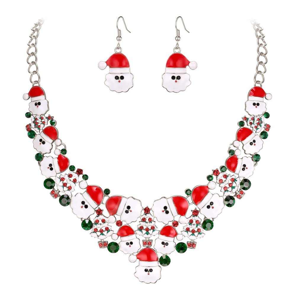 BriLove Santa Claus Christmas Element Party Costume Statement Bib Necklace Hook Earrings Jewelry Set Xmas Gift for Women Ruby Color Silver-Tone
