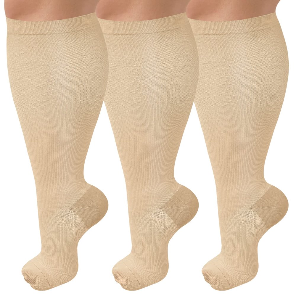 CTHH 3 Pack Wide Calf Compression Socks for Women & Men, Plus Size Knee High Stockings for Circulation Support, Nude, 3XL