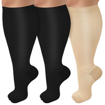 CTHH 3 Pack Wide Calf Compression Socks for Women & Men, Plus Size Knee High Stockings for Circulation Support, Black Nude, 3XL
