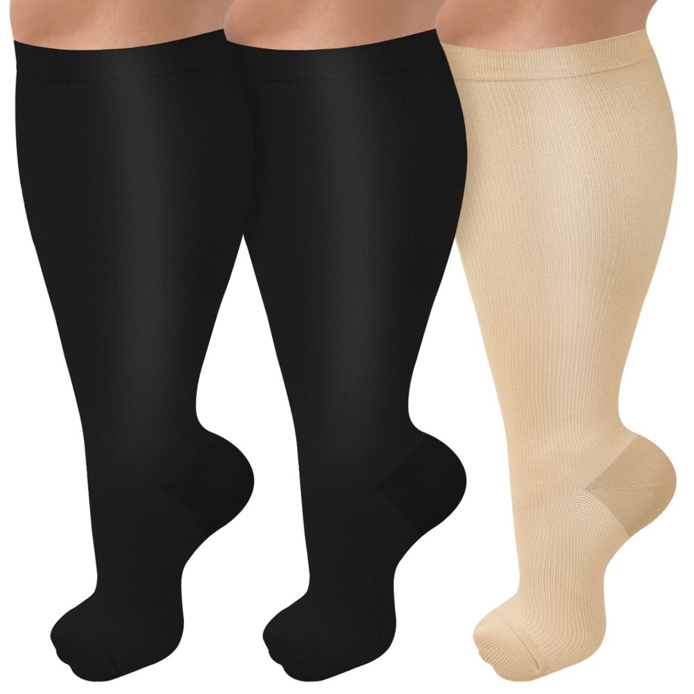 CTHH 3 Pack Wide Calf Compression Socks for Women & Men, Plus Size Knee High Stockings for Circulation Support, Black Nude, 3XL