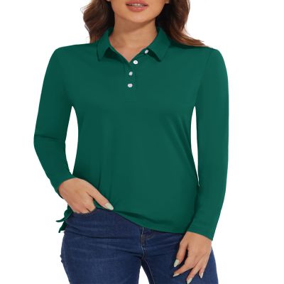 MAGCOMSEN Polos for Women Long Sleeve Polo Shirts UPF 50+ Golf Shirts Athletic Tops for Women Light Emerald Green, XL