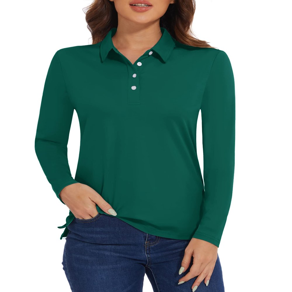 MAGCOMSEN Polos for Women Long Sleeve Polo Shirts UPF 50+ Golf Shirts Athletic Tops for Women Light Emerald Green, XL