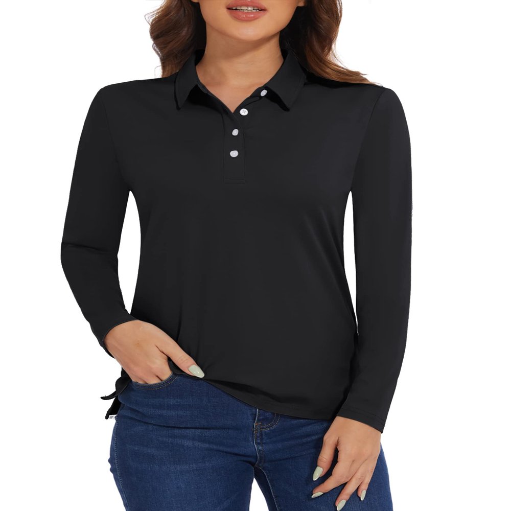 MAGCOMSEN Long Sleeve Polo Shirts for Women UPF 50+ Golf Shirt Workout Tops Women Sport Active T-Shirt Collared Black,XL