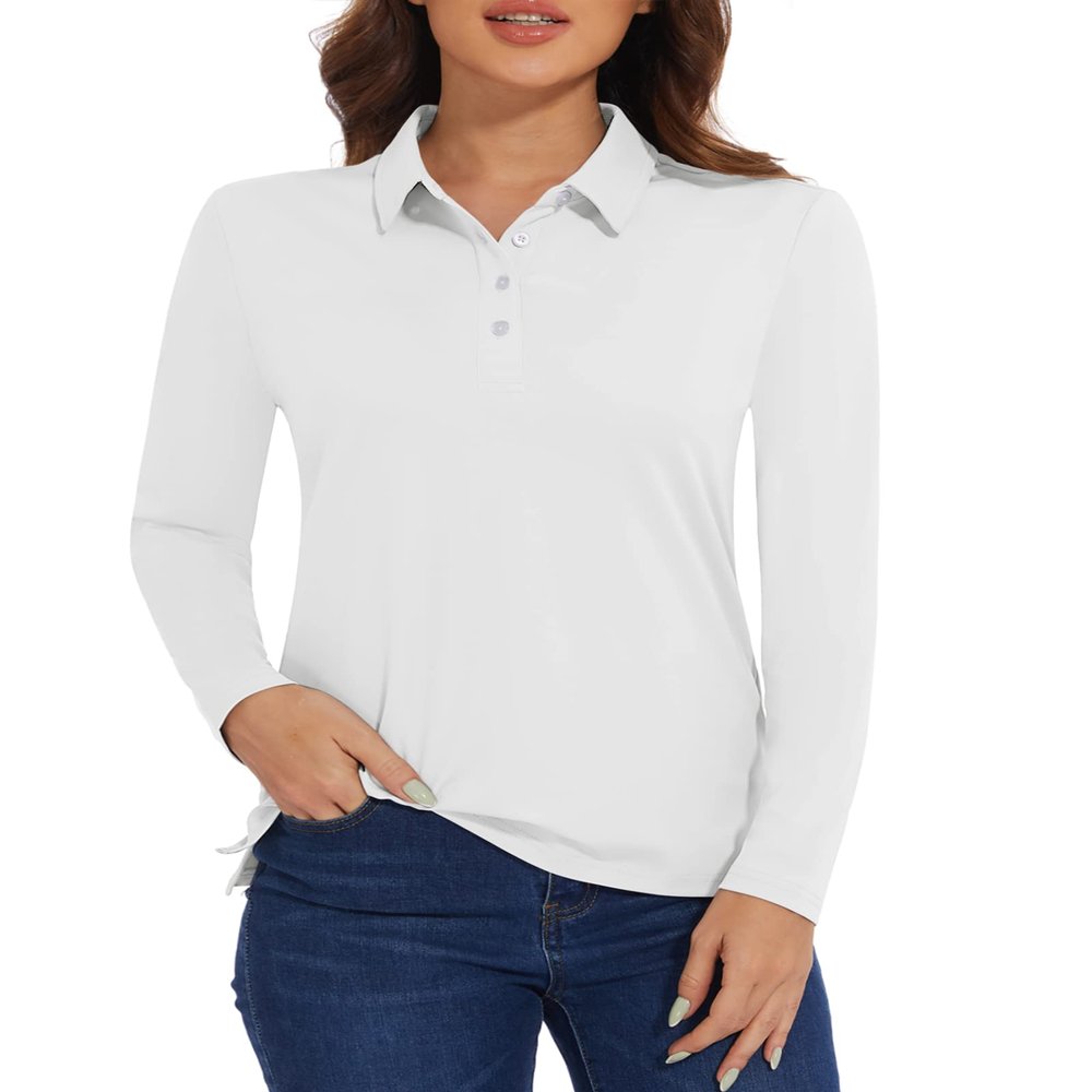 MAGCOMSEN Womens Golf Shirt Tennis Polo Shirts Long Sleeve Collared UV UPF 50+ Sun T-Shirt Women Workout Tops White,2XL