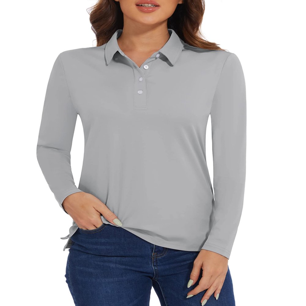 MAGCOMSEN Long Sleeve Golf Polo Women Polo Collared Shirt Sun Protection Shirts for Women with Collar Light Grey,M