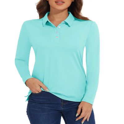 MAGCOMSEN Long Sleeve Polo T Shirts for Women UPF 50+ Quick Dry SPF Golf Shirt Lightweight Collar Tops Light Blue,S