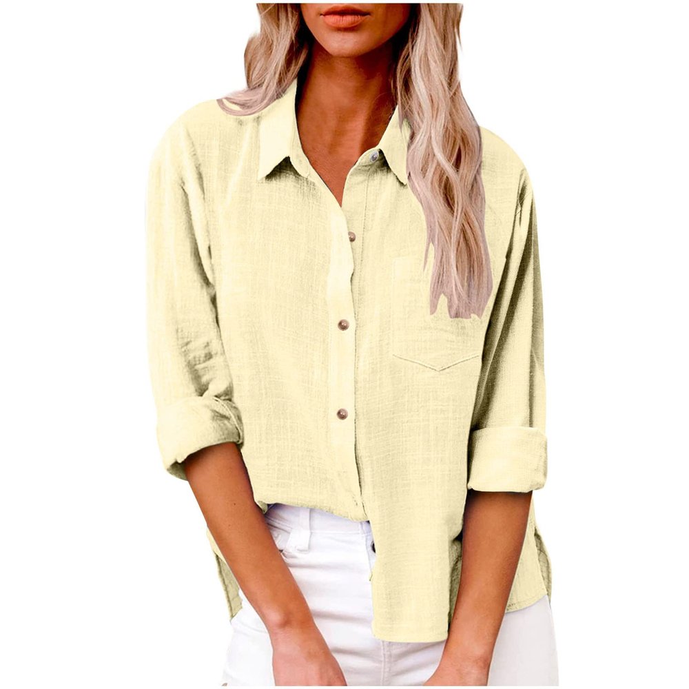 Long Sleeve Button Up Shirts for Women Casual V Neck Collared Cotton Linen Tops Solid Rolled Up Sleeve Loose Blouses Beige