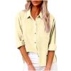 Long Sleeve Button Up Shirts for Women Casual V Neck Collared Cotton Linen Tops Solid Rolled Up Sleeve Loose Blouses Beige view 1