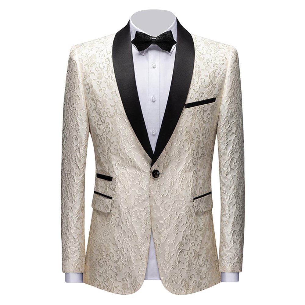 Men Floral Dress Suit Jacket Stylish Lapel Luxury Dinner Party Blazer Slim Fit Printed Wedding Sport Coat Tuxedo (Apricot,Large)
